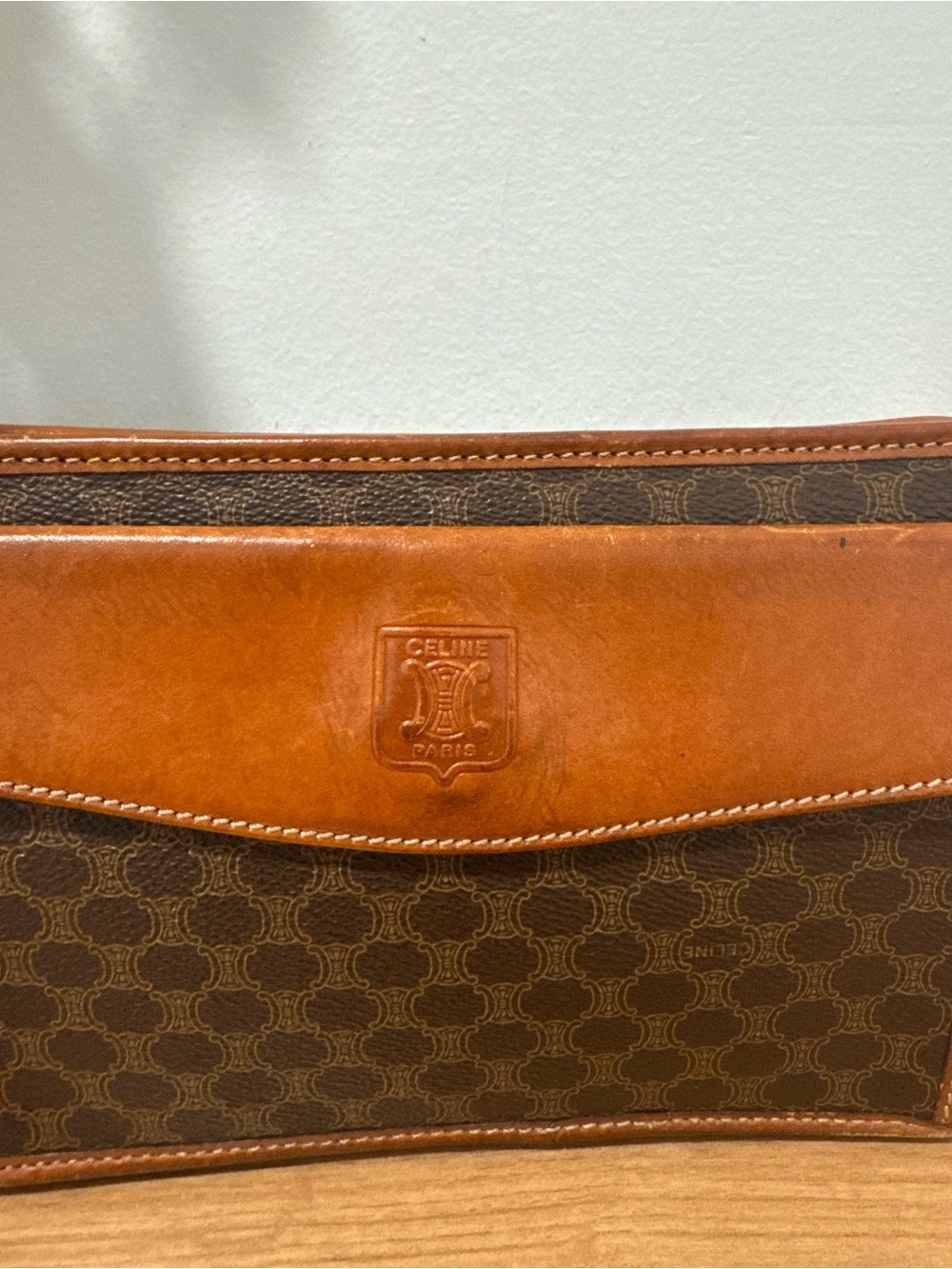 Vintage CELINE Paris Macadam Triomphe Canvas Clutch Bag Brown Leather - Picture 2 of 16